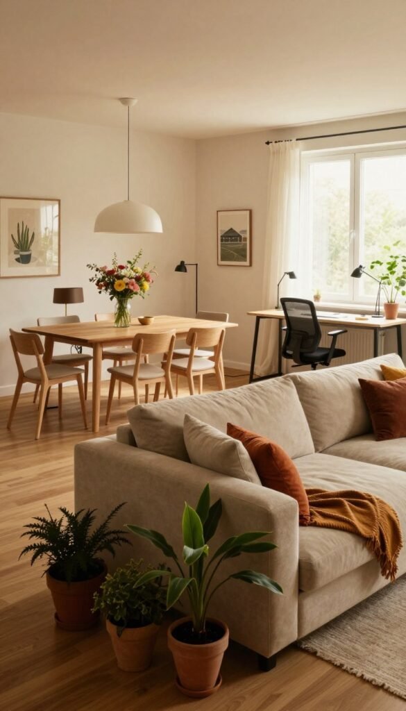 A warm and inviting living room showcasing a dynamic zoned layout inspired by modern design. In the foreground, create a cozy seating island with plush, neutral-colored sofas and colorful cushions, surrounded by small potted plants. In the middle, a stylish dining area with a wooden table, surrounded by light chairs, adorned with a tasteful vase of flowers. Include a dedicated workspace with a sleek desk and an ergonomic chair, positioned near a window allowing natural light to flood the space. The background should feature soft ambient lighting, contributing to a harmonious atmosphere. Use a wide-angle lens perspective to capture the flow of the room. The overall aesthetic should reflect a Pinterest-inspired style, showcasing the brand "WohnKiste" through elegant, authentic decor in warm colors, with no text or overlays.