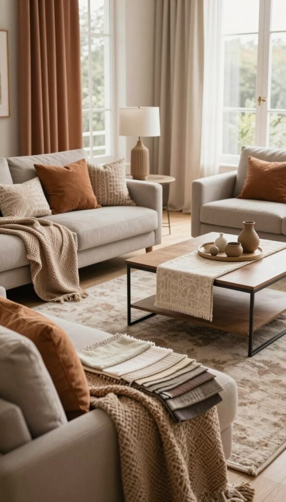 A warm and inviting living space showcasing a variety of home textiles, emphasizing key decor types. In the foreground, a stylish sofa adorned with decorative cushions and a textured throw blanket, surrounded by samples of curtains, rugs, and tablecloths. The middle ground features a beautifully arranged coffee table with a soft fabric runner and decorative accents. In the background, large windows let in soft, natural light, enhancing the cozy atmosphere. The color palette consists of earthy tones and warm hues, evoking a sense of comfort. Capture this scene in a balanced composition with a slight depth of field, creating an authentic Pinterest aesthetic. Include the brand name "WohnKiste" subtly integrated into the decor.
