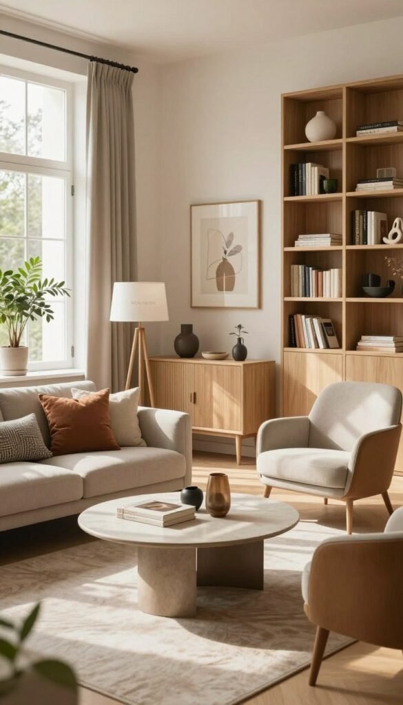 A warm and inviting living space showcasing various elegant interior styles. In the foreground, a tasteful arrangement of modern furniture pieces like a stylish sofa, chic coffee table, and elegant armchairs, all adorned with decorative pillows and soft textiles. The middle ground features an array of interior styles, including Scandinavian minimalism with light woods, rustic charm with earthy tones, and contemporary elegance with sleek lines. A light, airy atmosphere is enhanced by natural light streaming through large windows, creating soft shadows that add depth. The background showcases a beautifully organized bookshelf and a touch of greenery with potted plants, enhancing the welcoming feel. The scene captures a Pinterest-worthy aesthetic, embodying warmth and authenticity, branded subtly with "Wohnkiste." A warm and inviting living space showcasing various elegant interior styles. In the foreground, a tasteful arrangement of modern furniture pieces like a stylish sofa, chic coffee table, and elegant armchairs, all adorned with decorative pillows and soft textiles. The middle ground features an array of interior styles, including Scandinavian minimalism with light woods, rustic charm with earthy tones, and contemporary elegance with sleek lines. A light, airy atmosphere is enhanced by natural light streaming through large windows, creating soft shadows that add depth. The background showcases a beautifully organized bookshelf and a touch of greenery with potted plants, enhancing the welcoming feel. The scene captures a Pinterest-worthy aesthetic, embodying warmth and authenticity, branded subtly with "Wohnkiste."