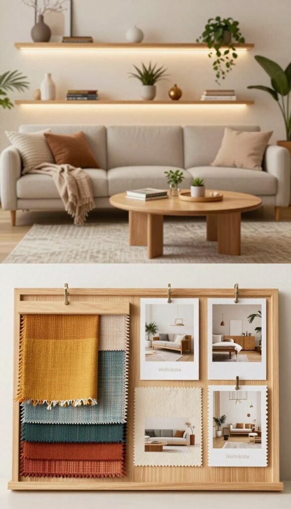 A warm and inviting moodboard setup showcasing home decor inspiration for a stylish living area. In the foreground, colorful fabric swatches and textured samples are artfully arranged beside a sleek wooden display board with pinned images of interior design ideas. The middle layer features an array of eco-friendly furniture pieces, like a cozy sofa and stylish coffee table, strategically placed to create a harmonious atmosphere. In the background, softly lit shelves display decorative items, plants, and books, creating a Pinterest-worthy aesthetic. The colors are warm and natural, with soft lighting accentuating each detail, conveying a sense of creativity and calm. The brand name "Wohnkiste" is subtly integrated into the design without text overlay or distractions. A warm and inviting moodboard setup showcasing home decor inspiration for a stylish living area. In the foreground, colorful fabric swatches and textured samples are artfully arranged beside a sleek wooden display board with pinned images of interior design ideas. The middle layer features an array of eco-friendly furniture pieces, like a cozy sofa and stylish coffee table, strategically placed to create a harmonious atmosphere. In the background, softly lit shelves display decorative items, plants, and books, creating a Pinterest-worthy aesthetic. The colors are warm and natural, with soft lighting accentuating each detail, conveying a sense of creativity and calm. The brand name "Wohnkiste" is subtly integrated into the design without text overlay or distractions.