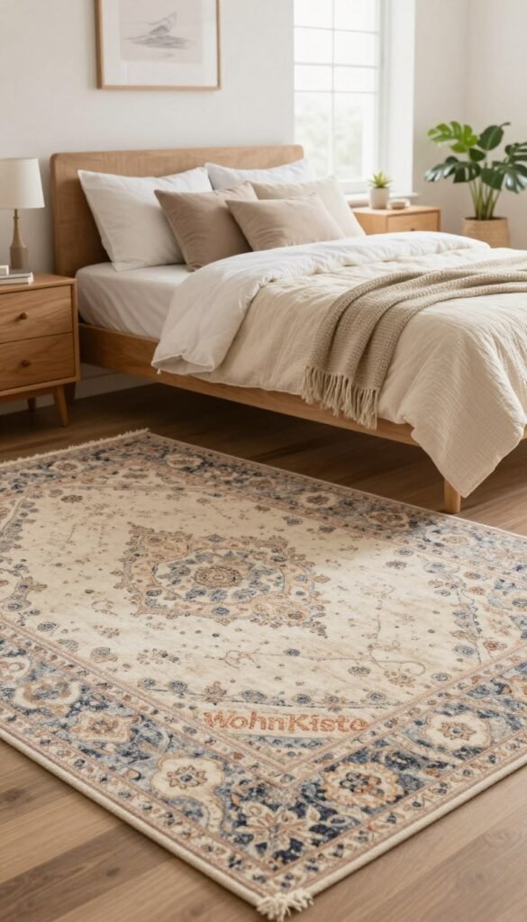 A warm, inviting bedroom featuring a beautifully styled carpet that enhances the cozy atmosphere, designed with soft textures and soothing colors. The foreground showcases a plush area rug adorned with intricate patterns, which invites a sense of comfort and warmth. In the middle, a neatly made bed with fluffy pillows and a soft quilt complements the rug, surrounded by tastefully chosen wooden furniture. The background reveals a bright window allowing soft, natural light to gently illuminate the space, creating a serene ambiance. Add greenery, such as a potted plant, to bring life to the room. The scene promotes a feeling of tranquility and relaxation, embodying a Pinterest-inspired aesthetic that emphasizes comfort. Include a subtle branding element of "WohnKiste" in the composition. A warm, inviting bedroom featuring a beautifully styled carpet that enhances the cozy atmosphere, designed with soft textures and soothing colors. The foreground showcases a plush area rug adorned with intricate patterns, which invites a sense of comfort and warmth. In the middle, a neatly made bed with fluffy pillows and a soft quilt complements the rug, surrounded by tastefully chosen wooden furniture. The background reveals a bright window allowing soft, natural light to gently illuminate the space, creating a serene ambiance. Add greenery, such as a potted plant, to bring life to the room. The scene promotes a feeling of tranquility and relaxation, embodying a Pinterest-inspired aesthetic that emphasizes comfort. Include a subtle branding element of "WohnKiste" in the composition.