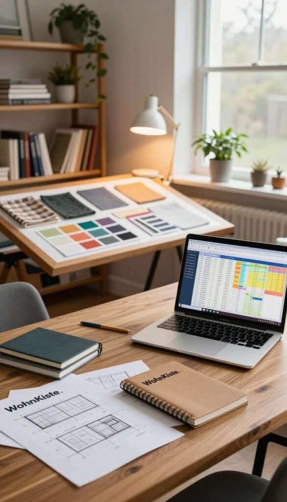 A warm, inviting workspace filled with beautifully organized design materials showcasing "WohnKiste." In the foreground, a sleek wooden desk with architectural sketches, stylish notebooks, and a laptop open to a vibrant spreadsheet filled with calculations. The middle features a large drafting table adorned with inspiring fabric swatches and color samples, complemented by a modern desk lamp casting soft, warm light. In the background, shelves filled with design books and decorative plants create a cozy atmosphere, while a large window lets in natural light, illuminating the space. The overall mood is one of creativity and professionalism, perfect for enhancing home design projects. A warm, inviting workspace filled with beautifully organized design materials showcasing "WohnKiste." In the foreground, a sleek wooden desk with architectural sketches, stylish notebooks, and a laptop open to a vibrant spreadsheet filled with calculations. The middle features a large drafting table adorned with inspiring fabric swatches and color samples, complemented by a modern desk lamp casting soft, warm light. In the background, shelves filled with design books and decorative plants create a cozy atmosphere, while a large window lets in natural light, illuminating the space. The overall mood is one of creativity and professionalism, perfect for enhancing home design projects.