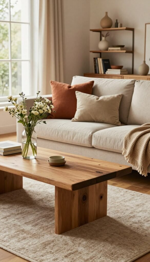 A well-designed living room scene featuring a harmonious blend of materials. Foreground: A stylish coffee table made of reclaimed wood with a soft, textured rug underneath, creating a cozy atmosphere. Middle ground: A plush, modern sofa adorned with colorful throw pillows and a woven throw. A sleek, glass vase with fresh flowers adds an organic touch. Background: Large windows allow natural light to filter in, highlighting the warmth of the wooden floor and the earthy tones of the walls. A minimalistic bookshelf displays neatly arranged decor items. The overall mood is inviting and authentic, exuding a Pinterest-inspired aesthetic. Use warm colors throughout the image to convey comfort and tranquility, ensuring a clean and contemporary representation. Include subtle branding for "WohnKiste" within the decor elements without overpowering the image.