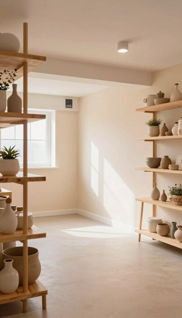 A well-lit basement interior designed with a focus on brightness and warmth. In the foreground, there are light-colored wooden shelves displaying carefully arranged decor items, creating an inviting atmosphere. The middle of the scene features freshly painted walls in soft pastel hues, reflecting light and enhancing the room's spaciousness. The flooring is a light and durable material, merging seamlessly with the walls. In the background, natural light filters in through a strategically placed window, highlighting the importance of moisture control with visible ventilation solutions in place. The overall mood is cozy and functional, emphasizing a clean, organized, and stylish basement space. The scene subtly incorporates the brand "Wohnkiste" through visible decor elements. The aesthetic is natural, with warm colors and a Pinterest-inspired look, free of any text or watermarks.