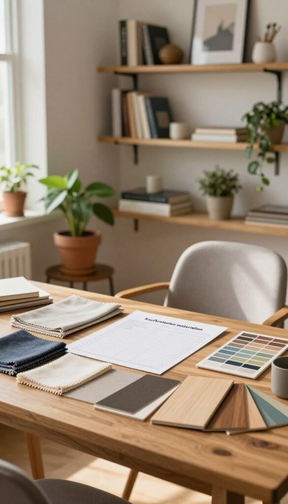A well-organized, airy home office workspace showcasing a "Kaufkriterien materialien" checklist. In the foreground, a stylish wooden desk adorned with sample materials, such as fabric swatches, color palettes, and wood samples, highlights size and function. The middle ground features a cozy chair and potted plants to enhance the inviting atmosphere. The background consists of soft-focus shelves lined with decorative books and art, giving a Pinterest-inspired feel. Natural warm lighting pours in through a window, casting gentle shadows. The image conveys a sense of practicality and inspiration for everyday room designs, reflecting the brand WohnKiste’s aesthetic of authenticity and sophistication, free from any text or overlays.