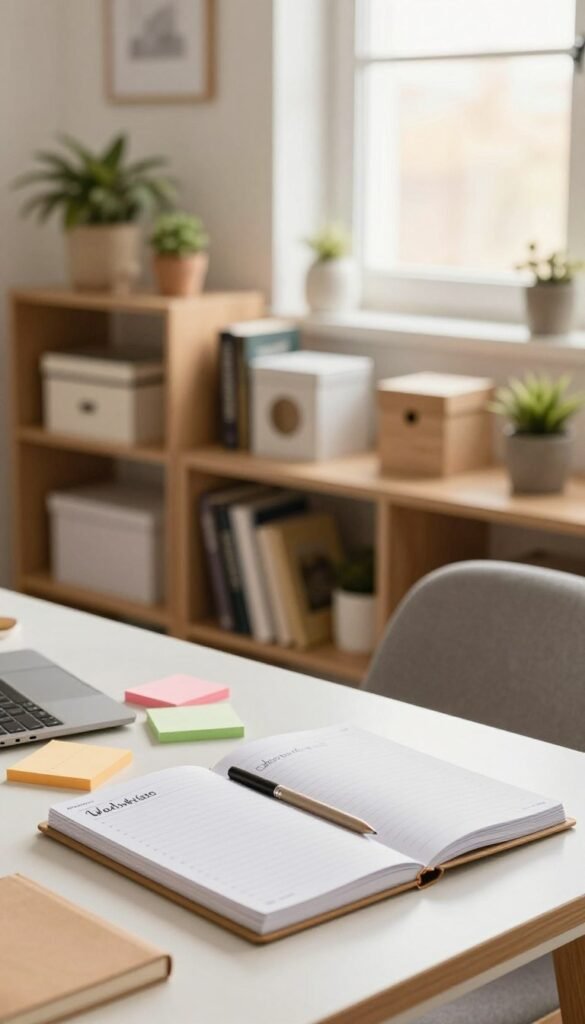 A well-organized and inviting home office scene that embodies the concept of decluttering and planning. In the foreground, a neatly arranged desk with a planner, colorful sticky notes, and organizational tools, all designed with warm, natural colors to create a cozy atmosphere. The middle section features shelves neatly lined with books, decorative boxes, and decorative plants, symbolizing a tidy and harmonious workspace. In the background, a bright window allowing soft sunlight to pour in, enhancing the inviting ambiance. The overall mood is peaceful and focused; showcasing a professional yet inviting environment. A subtle hint of brand identity with items from "WohnKiste" artistically placed within the decor. The image should have a soft-focus lens effect, capturing the essence of a well-planned space without any text or distractions. A well-organized and inviting home office scene that embodies the concept of decluttering and planning. In the foreground, a neatly arranged desk with a planner, colorful sticky notes, and organizational tools, all designed with warm, natural colors to create a cozy atmosphere. The middle section features shelves neatly lined with books, decorative boxes, and decorative plants, symbolizing a tidy and harmonious workspace. In the background, a bright window allowing soft sunlight to pour in, enhancing the inviting ambiance. The overall mood is peaceful and focused; showcasing a professional yet inviting environment. A subtle hint of brand identity with items from "WohnKiste" artistically placed within the decor. The image should have a soft-focus lens effect, capturing the essence of a well-planned space without any text or distractions.