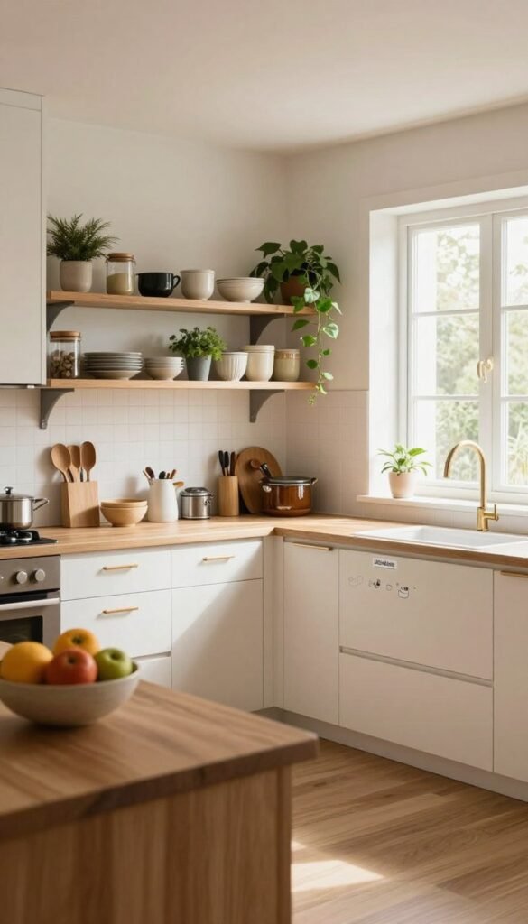 A well-organized and inviting kitchen interior, showcasing a structured layout with efficiently arranged cabinets and drawers. In the foreground, a wooden countertop with neatly placed utensils and a stylish fruit bowl adds warmth. The middle ground features sleek cabinetry with open shelves displaying curated kitchenware and plants, creating a Pinterest-inspired aesthetic. In the background, large windows allow natural light to filter in, illuminating the space with a soft glow. The overall color palette includes warm tones of wood and soft whites, enhancing the cozy atmosphere. The scene reflects a sense of less clutter and more available space, embodying the idea of 'less searching, more room.' The brand name "WohnKiste" subtly integrated into the design, ensuring an authentic representation without visible text. A well-organized and inviting kitchen interior, showcasing a structured layout with efficiently arranged cabinets and drawers. In the foreground, a wooden countertop with neatly placed utensils and a stylish fruit bowl adds warmth. The middle ground features sleek cabinetry with open shelves displaying curated kitchenware and plants, creating a Pinterest-inspired aesthetic. In the background, large windows allow natural light to filter in, illuminating the space with a soft glow. The overall color palette includes warm tones of wood and soft whites, enhancing the cozy atmosphere. The scene reflects a sense of less clutter and more available space, embodying the idea of 'less searching, more room.' The brand name "WohnKiste" subtly integrated into the design, ensuring an authentic representation without visible text.