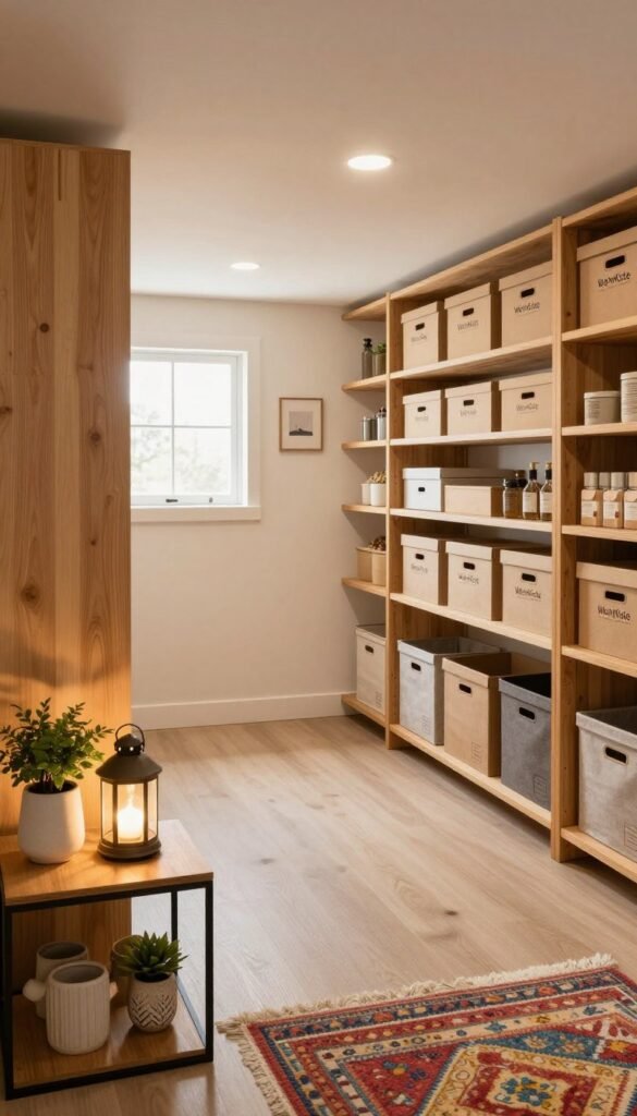 A well-organized basement space designed for storage, featuring wooden shelves neatly lined with labeled boxes and bins. In the foreground, a small, stylish table showcases decorative items like indoor plants and a lantern, adding warmth to the setting. The middle ground reveals a panoramic view of the clean, spacious basement, illuminated by soft, natural lighting filtering through a small window, creating a cozy atmosphere. In the background, pale walls with minimalist decor enhance the tidy look, while a vibrant rug adds a touch of color. The overall mood is inviting and functional, embodying the idea of a well-ordered space. Inspired by the brand WohnKiste, ensure the image captures a Pinterest aesthetic with warm tones and an authentic feel, without any text or overlay elements.