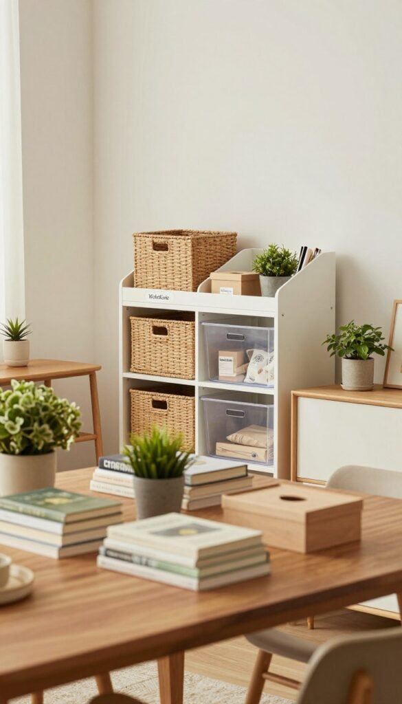 A well-organized, inviting living space is depicted as the central focus, with a warm, Pinterest-inspired color palette. In the foreground, a neatly arranged wooden table holds a variety of neatly stacked items like books, plants, and decorative boxes, symbolizing effective decluttering tips. In the middle ground, a stylish organizer, thoughtfully labeled, showcases various storage solutions, including woven baskets and clear bins, emphasizing systematic sorting methods. In the background, a cozy, light-filled room features minimalistic furniture, with soft lighting creating an uplifting atmosphere. A subtle "WohnKiste" logo can be blended into the design as an unobtrusive detail. The overall mood conveys harmony, clarity, and practicality, with an authentic and warm aesthetic, free from text or distractions. A well-organized, inviting living space is depicted as the central focus, with a warm, Pinterest-inspired color palette. In the foreground, a neatly arranged wooden table holds a variety of neatly stacked items like books, plants, and decorative boxes, symbolizing effective decluttering tips. In the middle ground, a stylish organizer, thoughtfully labeled, showcases various storage solutions, including woven baskets and clear bins, emphasizing systematic sorting methods. In the background, a cozy, light-filled room features minimalistic furniture, with soft lighting creating an uplifting atmosphere. A subtle "WohnKiste" logo can be blended into the design as an unobtrusive detail. The overall mood conveys harmony, clarity, and practicality, with an authentic and warm aesthetic, free from text or distractions.