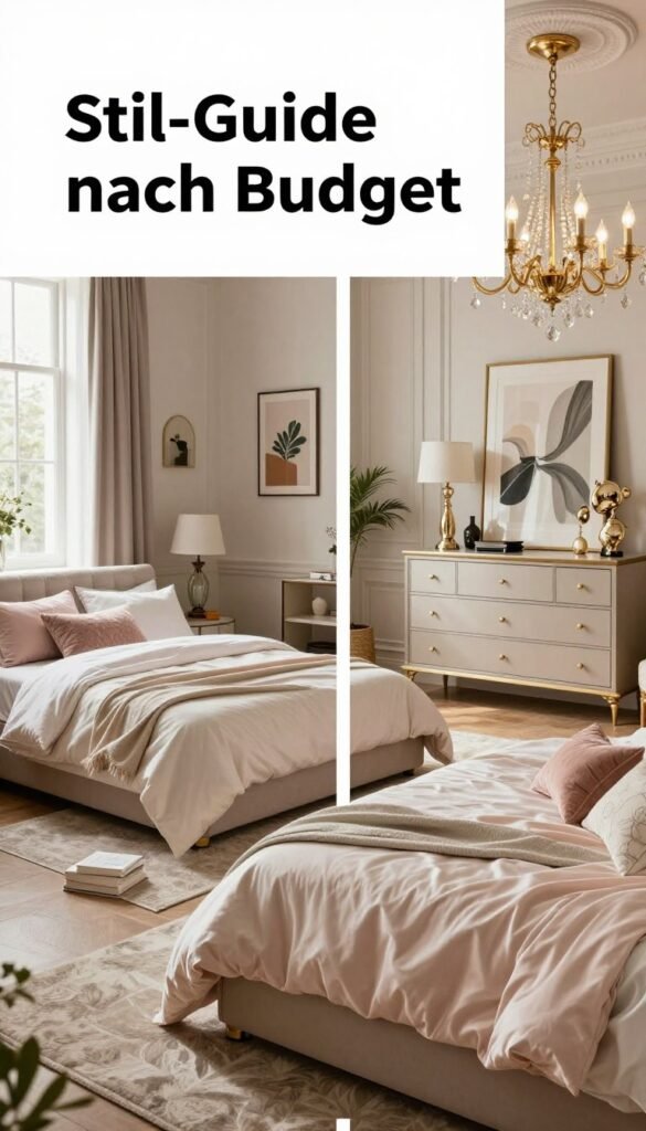 A well-styled bedroom showcasing the "Stil-Guide nach Budget" concept, featuring three distinct sections: a cozy low-budget corner with a stylish yet affordable bedding set in soft pastel colors, a mid-range area with elegant furnishings like a chic dresser and tasteful artwork, and a luxurious high-budget section showcasing premium materials like silk linens, opulent decor, and a statement chandelier. The foreground should have a comfortable bed adorned with cushions, the midsection should display a harmonious blend of modern and classic style elements, while the background features an inviting window with soft natural light streaming in, creating a warm, welcoming atmosphere. The scene embraces an authentic Pinterest aesthetic, with colors that evoke comfort. No text, watermarks, or logos present. Brand name "WohnKiste" subtly incorporated in the design elements.