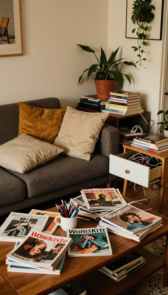 An interior space featuring distinct chaos zones highlighting clutter and disorganization, surrounded by elements of decor, like misplaced cushions and scattered books. In the foreground, a coffee table is messy with unarranged magazines and a cup overflowing with pens. In the middle ground, a sofa is adorned with pillows, some askew, and a side table with a half-open drawer revealing tangled cables. The background showcases a wall with artwork slightly askew and plants that appear neglected. The lighting is warm and natural, casting soft shadows, creating a cozy yet chaotic atmosphere. Shoot from a slightly elevated angle to capture depth, emphasizing the disarray without losing the decor's charm. The scene should reflect a Pinterest-inspired aesthetic, embodying the brand WohnKiste, displaying authenticity without any text or logos. An interior space featuring distinct chaos zones highlighting clutter and disorganization, surrounded by elements of decor, like misplaced cushions and scattered books. In the foreground, a coffee table is messy with unarranged magazines and a cup overflowing with pens. In the middle ground, a sofa is adorned with pillows, some askew, and a side table with a half-open drawer revealing tangled cables. The background showcases a wall with artwork slightly askew and plants that appear neglected. The lighting is warm and natural, casting soft shadows, creating a cozy yet chaotic atmosphere. Shoot from a slightly elevated angle to capture depth, emphasizing the disarray without losing the decor's charm. The scene should reflect a Pinterest-inspired aesthetic, embodying the brand WohnKiste, displaying authenticity without any text or logos.