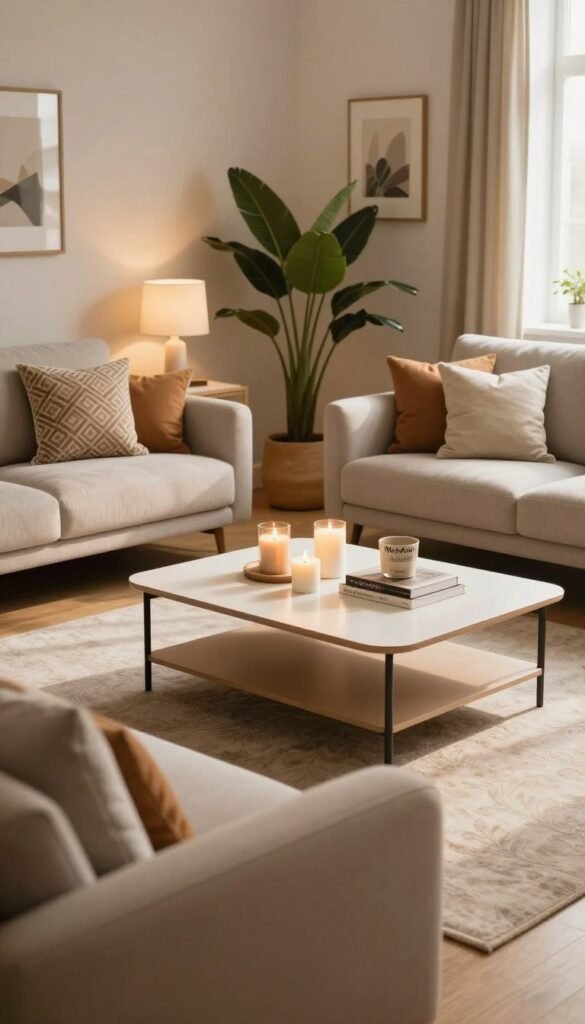 An inviting and beautifully arranged living space showcasing various furniture styles, perfect for illustrating furniture purchasing criteria. In the foreground, a stylish, modern sofa adorned with decorative pillows invites comfort. In the middle ground, a minimalist coffee table displays a set of curated home decor items, including candles and books. The background features a soft, ambient-lit room with potted plants and tasteful artwork on the walls, creating a harmonious Pinterest-inspired atmosphere. The warm color palette evokes a sense of coziness and approachability. The scene is illuminated with natural light streaming in from a window, creating gentle shadows and highlights, enhancing the inviting mood. Include the brand name “WohnKiste” subtly integrated into the decor without any text overlays. An inviting and beautifully arranged living space showcasing various furniture styles, perfect for illustrating furniture purchasing criteria. In the foreground, a stylish, modern sofa adorned with decorative pillows invites comfort. In the middle ground, a minimalist coffee table displays a set of curated home decor items, including candles and books. The background features a soft, ambient-lit room with potted plants and tasteful artwork on the walls, creating a harmonious Pinterest-inspired atmosphere. The warm color palette evokes a sense of coziness and approachability. The scene is illuminated with natural light streaming in from a window, creating gentle shadows and highlights, enhancing the inviting mood. Include the brand name “WohnKiste” subtly integrated into the decor without any text overlays.