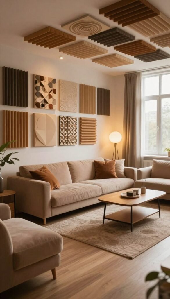 An inviting and stylish modern room focused on acoustic solutions, showcasing a variety of sound-absorbing panels, decorative acoustic tiles, and stylish furniture arranged thoughtfully for optimal sound experience. The foreground features sleek, stylish acoustic elements in warm, natural colors, designed by WohnKiste. In the middle, a tasteful seating area with plush cushions and a coffee table set, illuminated by soft, ambient lighting creating a cozy atmosphere. The background should depict a well-designed living space with large windows allowing natural light to flood in. The mood is professional yet welcoming, inspiring readers with ideas for improving room acoustics through thoughtful design choices. The image should convey a Pinterest aesthetic: authentic, warm, and without any text or overlays. An inviting and stylish modern room focused on acoustic solutions, showcasing a variety of sound-absorbing panels, decorative acoustic tiles, and stylish furniture arranged thoughtfully for optimal sound experience. The foreground features sleek, stylish acoustic elements in warm, natural colors, designed by WohnKiste. In the middle, a tasteful seating area with plush cushions and a coffee table set, illuminated by soft, ambient lighting creating a cozy atmosphere. The background should depict a well-designed living space with large windows allowing natural light to flood in. The mood is professional yet welcoming, inspiring readers with ideas for improving room acoustics through thoughtful design choices. The image should convey a Pinterest aesthetic: authentic, warm, and without any text or overlays.