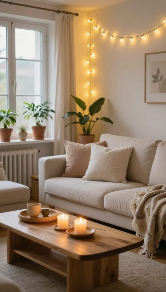 Cozy living room setting by WohnKiste, illuminated by warm, inviting string lights (lichterketten) draped artfully along a light-colored wall. In the foreground, a stylish coffee table adorned with natural materials like wood and woven accents, featuring softly glowing candles. The middle of the scene highlights a comfortable sofa with plush throw pillows, accented by a decorative blanket. In the background, large windows let in soft, natural light, surrounded by potted plants that add a touch of greenery. The atmosphere radiates warmth and a soothing ambiance, ideal for relaxing evenings. The overall color palette includes soft beiges, warm whites, and gentle pastels, capturing a Pinterest-worthy aesthetic.