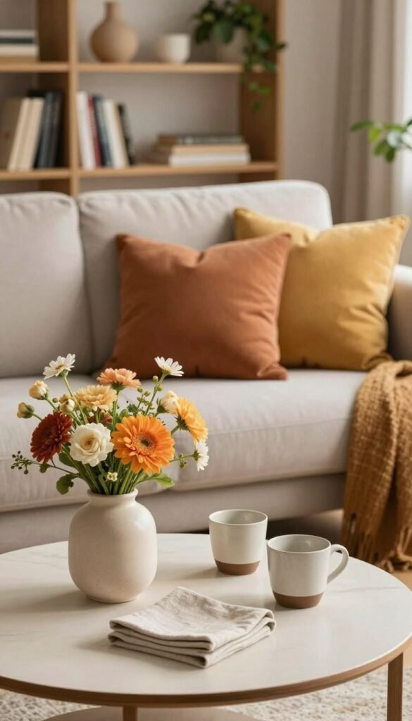 Create a cozy and inviting interior scene that showcases tasteful color accents in an aesthetically pleasing arrangement. In the foreground, place a styled coffee table adorned with a delicate vase of fresh flowers in warm hues, alongside a neatly folded linen napkin and a couple of contemporary ceramic cups. The middle ground should feature a plush sofa in neutral tones, highlighted by vibrant throw pillows that incorporate a harmonious color palette without overwhelming the eye. In the background, capture a softly lit bookshelf with curated decor items and plants, emphasizing a Pinterest-inspired look. Use warm, natural lighting to create a welcoming atmosphere, and ensure the image reflects authenticity and sophistication. Exclude any text or overlays, maintaining a clean and polished presentation. Brand elements should subtly include "WohnKiste" in the decor items.