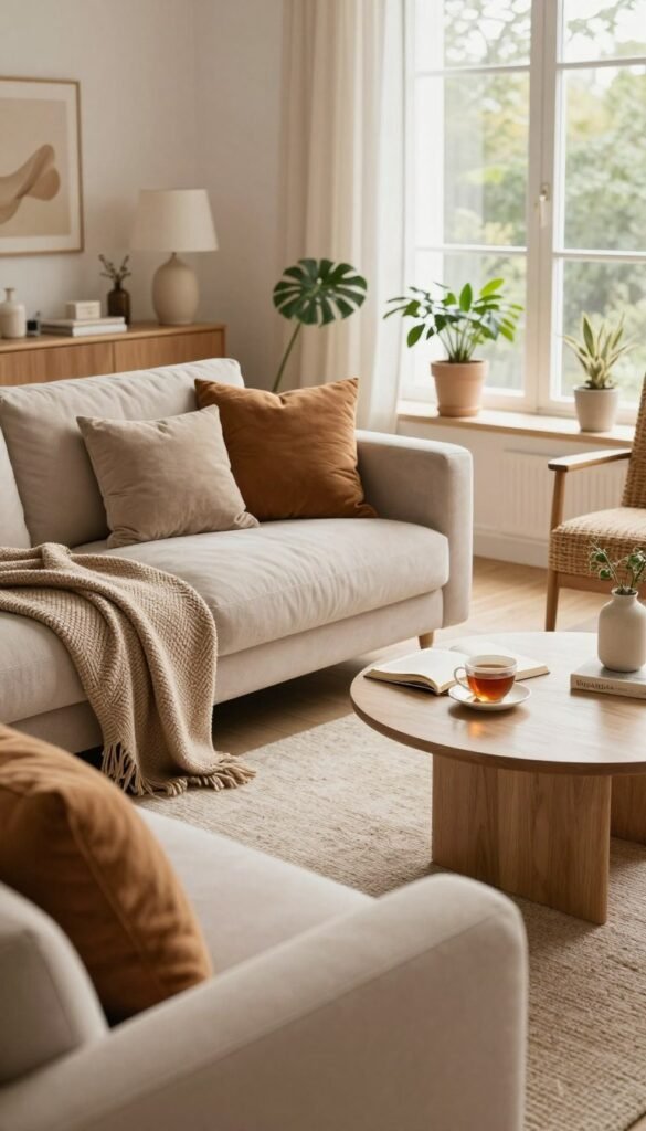 Create a cozy and inviting interior space that embodies the concept of "needs" in everyday living. In the foreground, a beautifully arranged living room with soft textures, including a plush sofa adorned with warm-toned cushions and a tactile throw. The middle area features a stylish coffee table with an open book and a cup of tea, symbolizing relaxation and comfort. In the background, natural light floods through large windows, illuminating plants and minimalist decor, creating an airy ambiance. Use a warm color palette with earthy tones to enhance the welcoming atmosphere. The scene should evoke a sense of tranquility and functionality, reflecting a Pinterest-inspired aesthetic. Ensure the image is without any text or branding, though subtly incorporate a brand logo "WohnKiste" on a small decorative item in the room.