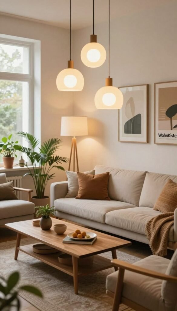 Create a cozy and inviting interior space that showcases innovative lighting design for room decoration. In the foreground, feature a beautifully arranged living area with soft, warm-toned lighting emanating from stylish pendant lights and a floor lamp. In the middle, include a comfortable sofa adorned with textured cushions and a wooden coffee table, complemented by decorative plants. The background should present a tastefully decorated wall with art pieces that reflect modern aesthetics. Ensure the room has large windows allowing natural light to filter in, enhancing the overall warmth of the scene. Use a slightly elevated angle to capture the depth and layout of the space, creating a harmonious mood that inspires creativity in interior design. Focus on natural colors, emphasizing the brand name "WohnKiste."