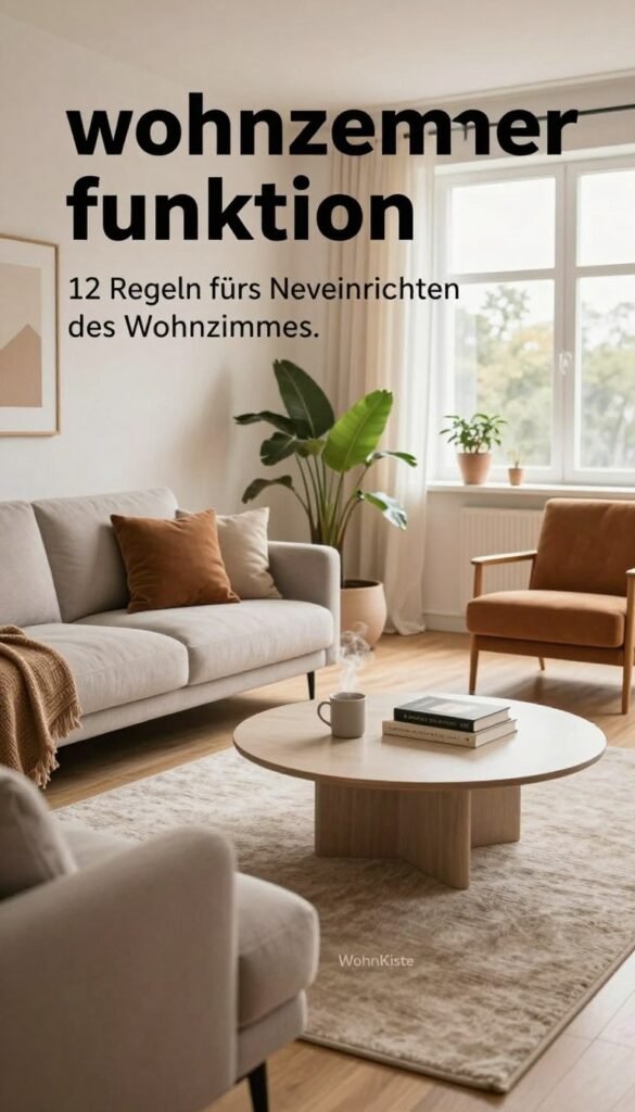 Create a cozy and inviting living room scene that embodies the concept of "wohnzimmer funktion" from the article, "12 Regeln fürs Neueinrichten des Wohnzimmers." In the foreground, feature a stylish, modern sofa adorned with plush cushions, elegantly arranged to foster conversation. A chic coffee table sits center stage, displaying a steaming mug and some decorative books. In the middle ground, showcase an open space that blends functionality and comfort, with a soft area rug and a few potted plants for a touch of nature. The background should include a large window letting in warm, natural light, with soft curtains that flutter gently. Use a wide-angle lens perspective to enhance the feeling of spaciousness and warmth. The overall mood should be welcoming and homely, reflecting a Pinterest-style aesthetic, with neutral colors accented by earthy tones, and the brand name "WohnKiste" subtly incorporated into the decor.