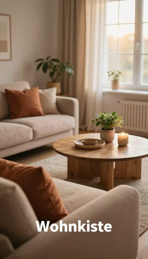 Create a cozy and inviting living space that evokes warmth, featuring natural materials and a harmonious color palette. In the foreground, include a plush, warm-toned sofa adorned with soft throw pillows in shades of terracotta and beige. The middle ground should showcase a beautifully arranged coffee table with earthy decor items, like a small potted plant and a decorative candle. The background displays a softly lit window with sheer curtains allowing warm sunlight to filter in, highlighting the calming hues of the room. Emphasize a comfortable atmosphere, with a touch of Scandinavian design, and ensure the lighting feels natural and welcoming. Captivate the viewer with the essence of 'Wohnkiste' through design elements that underscore warmth and authenticity, avoiding any text or branding elements in the image.