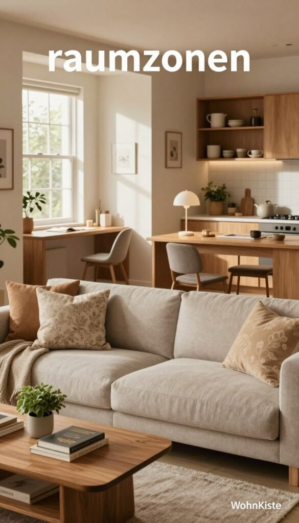 Create a cozy and inviting living space that illustrates the concept of "raumzonen" (room zones) for easy organization. In the foreground, feature a stylish modular sofa with neutral-toned cushions, subtle floral patterns, and a chic wooden coffee table adorned with books and a small plant. The middle ground should include distinct zones, such as a well-defined reading nook with a comfy armchair and a soft throw blanket, and a functional workspace with a sleek desk and a stylish lamp. In the background, showcase a warm and inviting kitchen area with open shelving displaying curated kitchenware. Use natural lighting to filter through large windows, casting soft shadows and creating a welcoming atmosphere, with warm earthy colors that evoke a Pinterest-worthy aesthetic. Ensure the space feels authentic and organized with branded elements from "WohnKiste".
