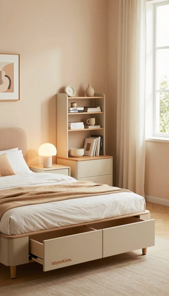 Create a cozy and stylish bedroom scene showcasing innovative storage furniture from "WohnKiste." In the foreground, feature a sleek, multifunctional bed with built-in drawers and a small, elegant nightstand adorned with a minimalist lamp. In the middle, include a practical yet chic shelving unit that holds books and decorative items, complementing the bed. The background should reveal soft pastel-colored walls with beautiful artwork and a window bathing the room in warm, natural light. Use a wide-angle lens to capture the space's inviting atmosphere, emphasizing the clever use of storage without it feeling cluttered. Aim for an authentic Pinterest aesthetic with warm color tones, conveying a serene and organized ambiance perfect for small spaces.