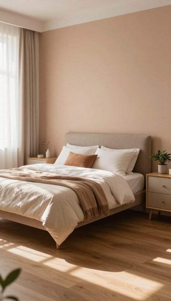 Create a cozy bedroom scene reflecting a revitalized layout featuring a neatly made bed with warm, inviting colors and textures. Position the bed centrally against a softly painted accent wall, flanked by stylish nightstands adorned with minimal decor. Include a modern dresser with a touch of greenery, such as a small potted plant on top. The layout should emphasize clear walking paths, enhancing the room's functionality and feel of spaciousness. Incorporate natural light streaming in through sheer curtains, casting gentle shadows on the wooden floor, to evoke a serene atmosphere. Capture this interior design with a lens that emphasizes depth of field, ensuring a Pinterest-worthy aesthetic as it embodies a sense of tranquility and authentic living. Include elements that suggest the brand "WohnKiste", reflecting a contemporary yet calming design approach.