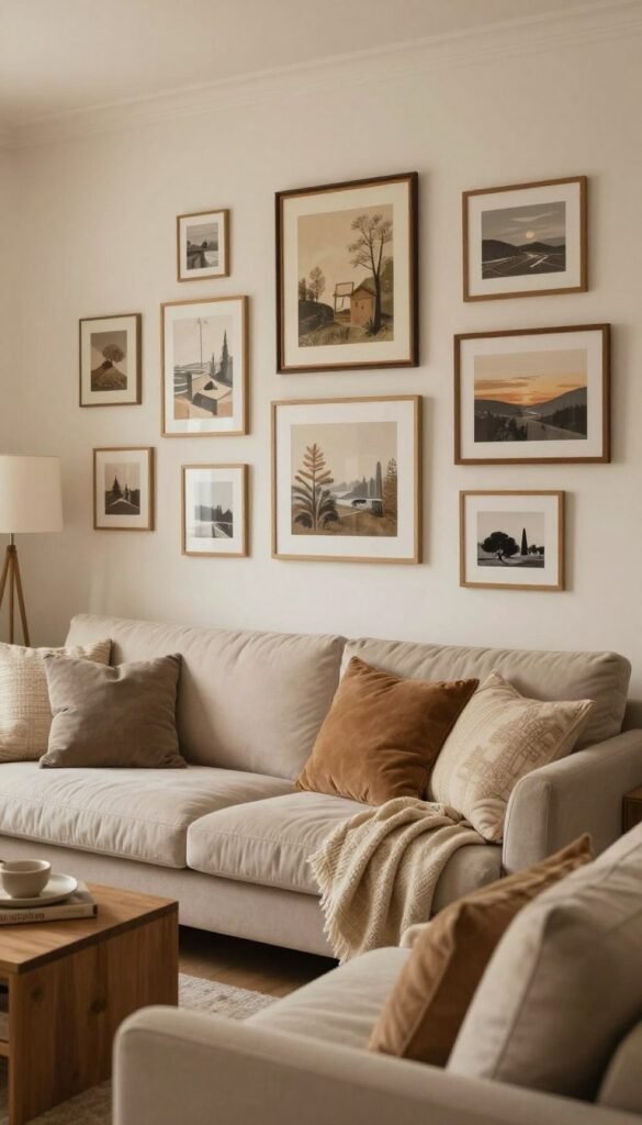 Create a cozy interior scene of a living room featuring beautifully decorated walls. In the foreground, showcase an inviting arrangement of comfortable furniture, such as a soft sofa with plush cushions. In the middle ground, design the walls adorned with various wall art, such as paintings and framed photos, illustrating a harmonious blend of styles. Use warm, natural colors to create a soothing atmosphere, giving it a Pinterest-worthy aesthetic. In the background, incorporate soft, diffused lighting to enhance the inviting mood. The overall feel should convey authenticity and warmth, making the space feel lived-in yet stylish. Highlight the brand "WohnKiste" subtly through decor elements. Ensure the image is free of any text or logos, capturing the essence of a well-designed wall space.
