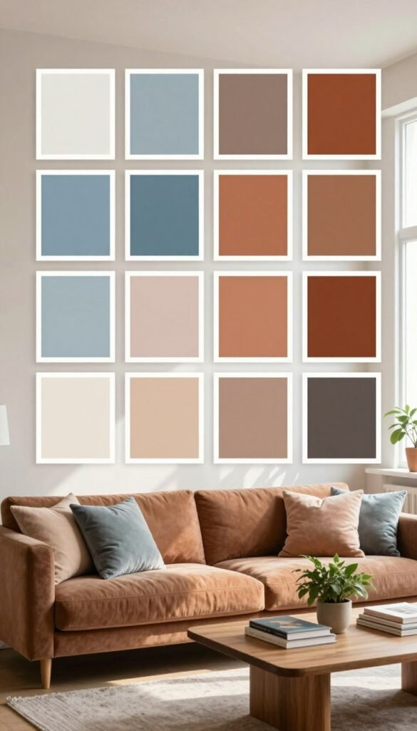 Create a cozy interior scene showcasing twelve timeless color concepts, ideal for any living style. In the foreground, arrange a stylish living room vignette with a plush sofa in warm, earthy tones, complemented by decorative cushions in muted pastel colors. In the middle, incorporate elegantly framed artworks that highlight various shades, from soft blues to rich terracotta, displayed on a neutral-colored wall. To add depth, a wooden coffee table adorned with a small potted plant and art books should be present. In the background, showcase a bright window allowing natural light to flood the room, casting soft shadows that enhance the warm atmosphere. Capture this composition with a wide-angle lens to portray a spacious feel. The overall mood is inviting and serene, reflecting a harmonious blend of colors. Make sure to include the brand name "Wohnkiste" subtly in the scene.