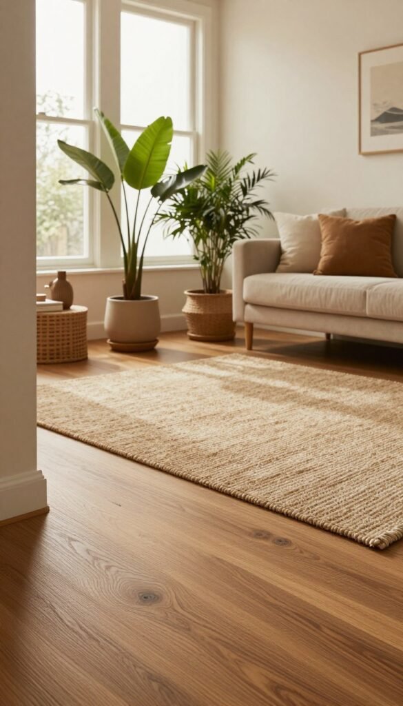 Create a cozy, inviting living space showcasing the impact of flooring and pathways on home aesthetics without the need for renovation. In the foreground, a stylish wooden floor with a beautiful grain detail leads to a plush, natural fiber rug. In the middle ground, elegant plants in modern pots and tasteful decor pieces enhance the ambiance, reflecting a Pinterest-inspired interior design. The background features large, softly illuminated windows casting warm natural light, creating a serene atmosphere. The overall color palette is warm and inviting, with earthy tones and soft textures. The brand name "WohnKiste" subtly integrated into the decor elements without being too prominent. Aim for a professional look, conveying a mood of relaxation and home comfort, perfect for readers seeking innovative decor ideas.
