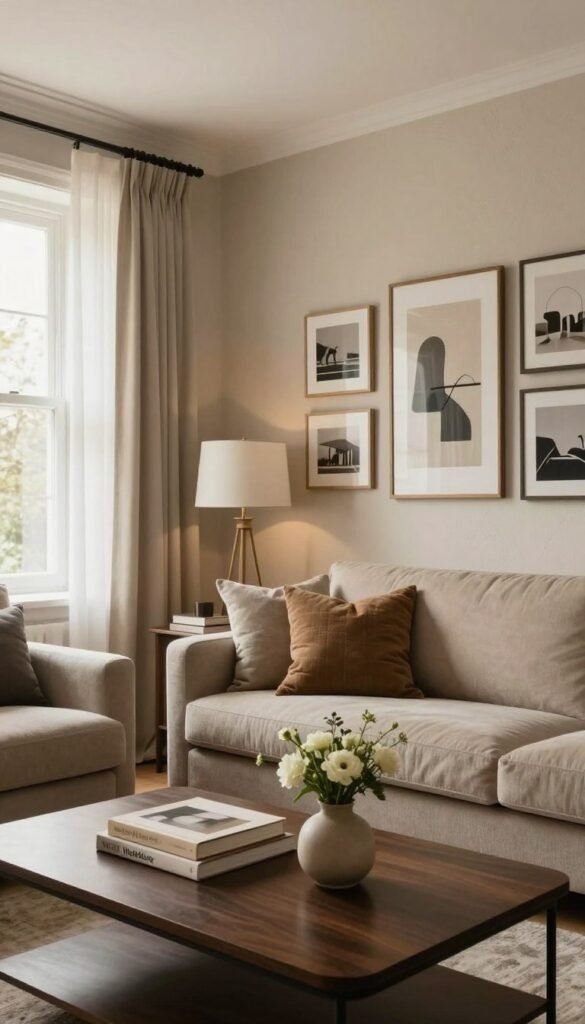 Create a cozy living room scene that showcases elegant wall design ideas to enhance sophistication. In the foreground, include a tastefully arranged coffee table with a stylish book and a small decorative vase containing fresh flowers. The middle ground features beautifully textured walls painted in warm neutral tones, adorned with modern art pieces and framed photographs to create visual interest. In the background, soft, natural light filters through large windows draped with sheer curtains, casting a warm glow throughout the space. Choose a wide-angle lens perspective to capture the entire room, emphasizing the harmonious decor. The atmosphere should exude comfort and style, evoking the essence of a Pinterest-inspired interior. Incorporate brand elements from "WohnKiste" subtly within the design, ensuring the image remains authentic and sans any text or watermarks.