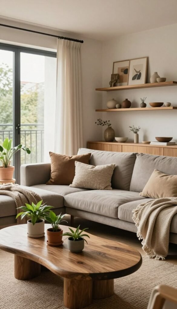 Create a serene and inviting interior scene that showcases a modern apartment decorated with natural elements. In the foreground, include a stylish coffee table with organic shapes, adorned with a few potted plants and a soft, textured throw blanket. The middle layer features a cozy sofa in muted earth tones, complemented by an array of cushions in various textures that enhance the warmth of the space. In the background, large windows let in soft, natural light, illuminating wooden shelves filled with artful decor items and natural materials. The atmosphere should feel relaxed and harmonious, embodying a Pinterest aesthetic that reflects the essence of "WohnKiste." Capture this scene with a wide-angle lens to emphasize the spaciousness and warmth, perfect for illustrating contemporary, nature-inspired living.