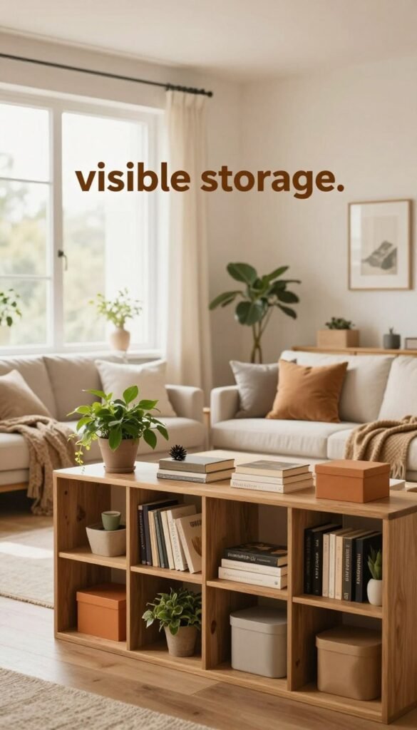 Create a serene and organized living space that embodies the principle of "visible storage." In the foreground, showcase a stylish wooden shelving unit filled with neatly arranged books, plants, and decorative boxes in warm, natural colors. In the middle, include a cozy seating area with elegant cushions and a soft throw blanket, emphasizing comfort and functionality. The background should feature a large window that lets in soft, diffused light, casting a warm glow throughout the room. Use a wide-angle lens perspective to capture the entirety of the space, creating an inviting atmosphere that reflects a balanced and harmonious environment. The overall mood should be soothing and inspiring, perfect for showcasing a clean, clutter-free aesthetic. Include a subtle branding element from "WohnKiste" in the design, ensuring it blends seamlessly into the overall composition without overpowering the visual harmony. Create a serene and organized living space that embodies the principle of "visible storage." In the foreground, showcase a stylish wooden shelving unit filled with neatly arranged books, plants, and decorative boxes in warm, natural colors. In the middle, include a cozy seating area with elegant cushions and a soft throw blanket, emphasizing comfort and functionality. The background should feature a large window that lets in soft, diffused light, casting a warm glow throughout the room. Use a wide-angle lens perspective to capture the entirety of the space, creating an inviting atmosphere that reflects a balanced and harmonious environment. The overall mood should be soothing and inspiring, perfect for showcasing a clean, clutter-free aesthetic. Include a subtle branding element from "WohnKiste" in the design, ensuring it blends seamlessly into the overall composition without overpowering the visual harmony.