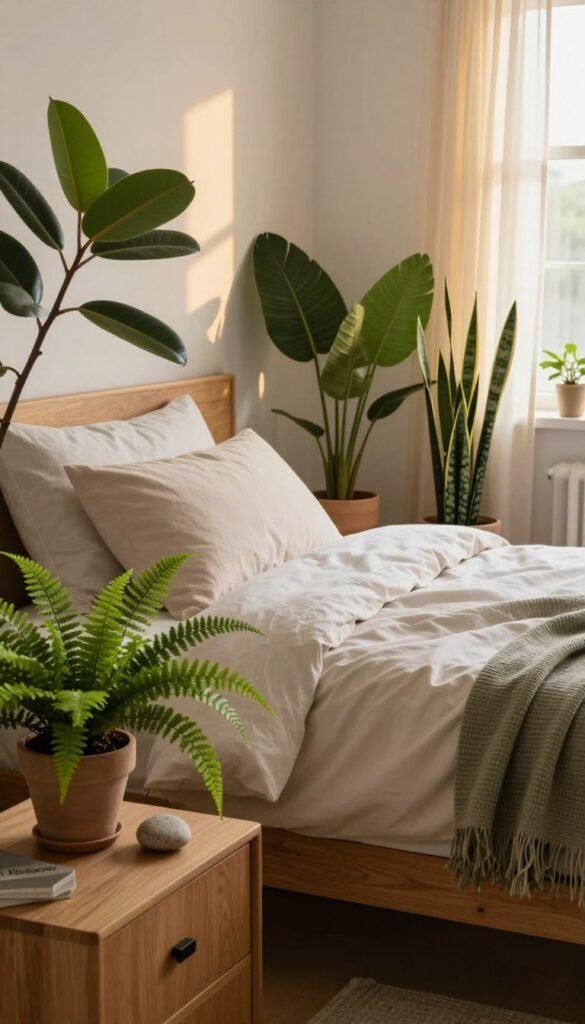 Create a serene bedroom scene featuring a variety of indoor plants that enhance the atmosphere without overcrowding the space. In the foreground, include a stylish wooden nightstand adorned with a small, vibrant potted fern and a decorative stone. In the middle, place a neatly made bed with soft, muted-colored bedding, complemented by a few larger leafy plants like a rubber plant and a snake plant on either side. The background should include a softly lit window with sheer curtains allowing warm, natural light to filter in, casting gentle shadows. Aim for a cozy, inviting ambiance, reminiscent of Pinterest aesthetics. Ensure the branding "WohnKiste" subtly integrates into the design elements without text or distractions.