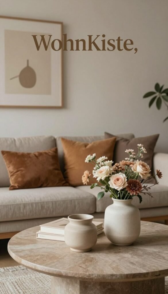 Create a serene interior scene depicting elegant home decor inspired by "WohnKiste," focusing on the harmonious interplay of colors, materials, and shapes. In the foreground, feature a beautifully arranged coffee table with textured fabrics and matte ceramic vases filled with soft, muted flowers. The middle ground should include a cozy seating area with plush cushions in warm tones, creating a calm ambiance. The background presents a subtle, tastefully decorated wall with minimalist artwork and a soft, neutral color palette. Utilize gentle, diffused natural lighting to enhance the warm atmosphere, capturing an inviting and tranquil mood. Consider a slightly angled perspective to add depth, emphasizing the overall composition without chaos, embodying the essence of peaceful decoration.
