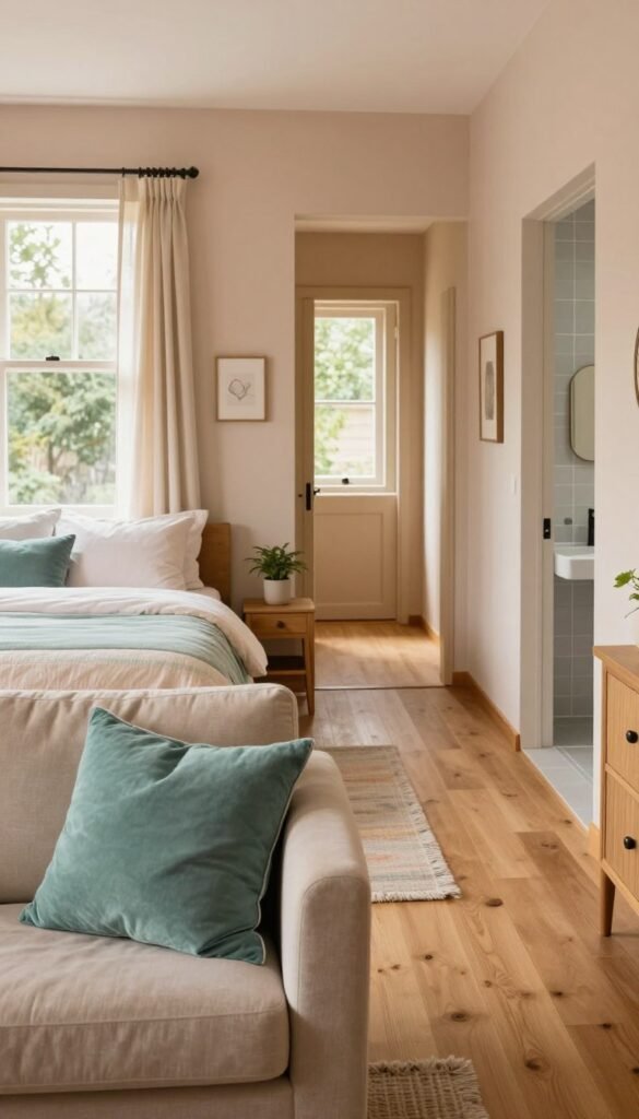 Create a serene interior scene showcasing different rooms—living room, bedroom, hallway, and bathroom—each harmoniously featuring warm color combinations. In the foreground, a cozy living room with a plush sofa in soft beige and vibrant throw pillows in muted teal. In the middle, a tranquil bedroom with a neatly made bed featuring pastel-colored bedding and a light wood bedside table adorned with a small plant. The hallway should blend warm wooden tones with subtle wall decor, leading towards a spa-like bathroom with light gray tiles and soft green accents. Use natural daylight filtering through large windows to enhance the warmth and authenticity of the colors. Capture an inviting and harmonious atmosphere, reflecting the brand "Wohnkiste" style, with a Pinterest-inspired aesthetic. The image should focus on the beauty of color in design, free from any text or watermarks.