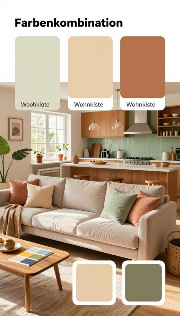 Create a serene interior scene showcasing seven harmonious color combinations for modern living spaces, inspired by the concept of "Farbenkombination" from Wohnkiste. The foreground features a cozy living area with a plush sofa adorned in soft pastel cushions, accompanied by a wooden coffee table displaying vibrant color swatches. In the middle ground, an open-plan kitchen blends warm earth tones with refreshing greens, while stylish decor pieces amplify the colorful ambiance. In the background, large windows invite natural light, enhancing the warm color palette of the space. The atmosphere is inviting and peaceful, emphasizing a Pinterest-worthy aesthetic with natural lighting, soft shadows, and a wide-angle lens effect that captures the essence of harmonious living. Ensure authenticity and warmth in the colors without any text or branding visible in the image. Create a serene interior scene showcasing seven harmonious color combinations for modern living spaces, inspired by the concept of "Farbenkombination" from Wohnkiste. The foreground features a cozy living area with a plush sofa adorned in soft pastel cushions, accompanied by a wooden coffee table displaying vibrant color swatches. In the middle ground, an open-plan kitchen blends warm earth tones with refreshing greens, while stylish decor pieces amplify the colorful ambiance. In the background, large windows invite natural light, enhancing the warm color palette of the space. The atmosphere is inviting and peaceful, emphasizing a Pinterest-worthy aesthetic with natural lighting, soft shadows, and a wide-angle lens effect that captures the essence of harmonious living. Ensure authenticity and warmth in the colors without any text or branding visible in the image.