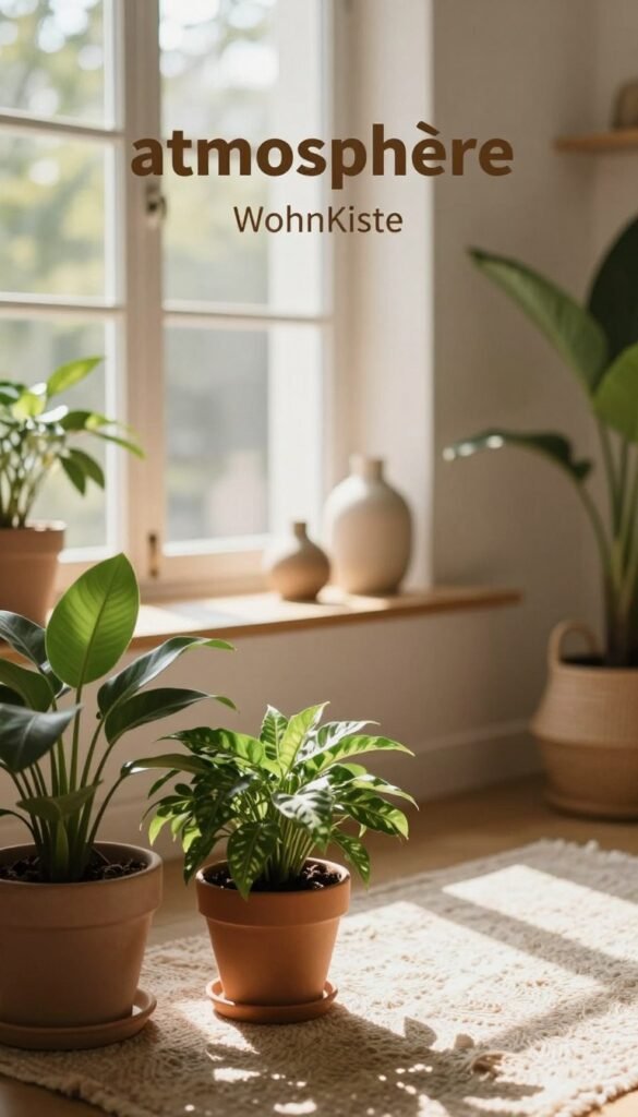 Create a serene interior scene that embodies the concept of "atmosphäre" through natural elements and thoughtful details. In the foreground, arrange lush green potted plants with vibrant leaves on a cozy textured rug, accentuating the warmth of the space. In the middle, include tasteful decorative items like a minimalist vase and organic-shaped sculptures, all harmonized with earthy tones. The background should feature a softly glowing window that allows natural light to stream in, casting gentle shadows across the room. Use a soft focus to create a dreamy atmosphere, with warm colors reminiscent of a Pinterest aesthetic. The composition should be inviting and authentic, reflecting a comforting and peaceful vibe. Ensure the brand "WohnKiste" is subtly integrated within the decor, enhancing the overall design without any text or logos visible in the image.
