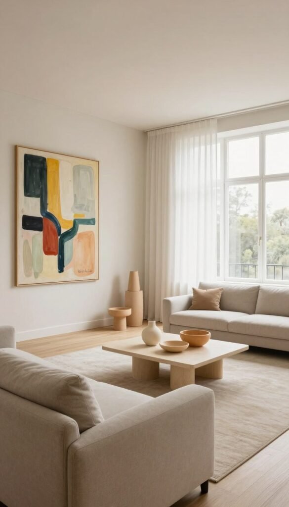Create a spacious living room interior that utilizes harmonious colors to evoke a sense of openness. In the foreground, include a stylish sofa in soft, neutral tones, complemented by a vibrant, oversized abstract painting that draws the eye upward. In the middle ground, position a coffee table with a few carefully arranged decorative items in warm hues like light cream and sandy beige. The background should feature large windows with sheer white curtains allowing natural light to flood the space, enhancing the airy atmosphere. Utilize a wide-angle lens to capture the full scope of the room, emphasizing depth and inviting warmth. The overall mood should be inviting and sophisticated, reflecting a Pinterest-worthy aesthetic. Incorporate the brand name "Wohnkiste" subtly in the design elements without any text overlays. Create a spacious living room interior that utilizes harmonious colors to evoke a sense of openness. In the foreground, include a stylish sofa in soft, neutral tones, complemented by a vibrant, oversized abstract painting that draws the eye upward. In the middle ground, position a coffee table with a few carefully arranged decorative items in warm hues like light cream and sandy beige. The background should feature large windows with sheer white curtains allowing natural light to flood the space, enhancing the airy atmosphere. Utilize a wide-angle lens to capture the full scope of the room, emphasizing depth and inviting warmth. The overall mood should be inviting and sophisticated, reflecting a Pinterest-worthy aesthetic. Incorporate the brand name "Wohnkiste" subtly in the design elements without any text overlays.