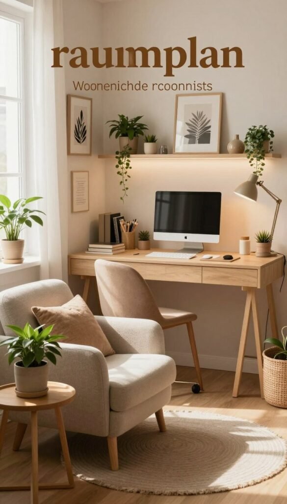 Create a stylish and inviting room makeover scene that embodies a "raum plan." In the foreground, feature a cozy reading nook with a plush armchair, a small side table, and a potted plant, all in warm, natural tones. The middle ground should showcase a well-organized, minimalist workspace with a desk, stylish stationery, and art supplies, drenched in soft, ambient lighting. In the background, add a wall adorned with tasteful decor and a display of small plants, reflecting a Pinterest-inspired aesthetic. Use a wide-angle view to capture the entire layout, with gentle, diffused sunlight streaming through a window, creating a welcoming atmosphere. The image should evoke feelings of creativity and relaxation, seamlessly integrating the brand name "WohnKiste" through tasteful decor elements in the scene. Create a stylish and inviting room makeover scene that embodies a "raum plan." In the foreground, feature a cozy reading nook with a plush armchair, a small side table, and a potted plant, all in warm, natural tones. The middle ground should showcase a well-organized, minimalist workspace with a desk, stylish stationery, and art supplies, drenched in soft, ambient lighting. In the background, add a wall adorned with tasteful decor and a display of small plants, reflecting a Pinterest-inspired aesthetic. Use a wide-angle view to capture the entire layout, with gentle, diffused sunlight streaming through a window, creating a welcoming atmosphere. The image should evoke feelings of creativity and relaxation, seamlessly integrating the brand name "WohnKiste" through tasteful decor elements in the scene.