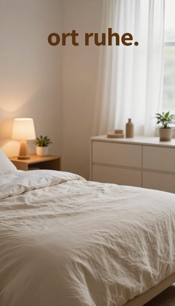 Create a tranquil bedroom scene that embodies the concept of "ort ruhe." In the foreground, feature a neatly made bed with soft, textured linens in warm, muted tones, perhaps a gentle beige or soft white. Include a nightstand with a calming lamp emitting a warm glow, and a small plant adding a touch of nature. In the middle, a minimalist dresser with simple decor items, emphasizing organization and clarity. The background should showcase a serene window with sheer curtains filtering soft, natural light, enhancing the cozy atmosphere. Utilize a soft focus lens effect to create an inviting ambiance. Aim for a Pinterest aesthetic, capturing a sense of authenticity and serenity, without any text or branding visible, while subtly incorporating elements associated with the brand "WohnKiste." Create a tranquil bedroom scene that embodies the concept of "ort ruhe." In the foreground, feature a neatly made bed with soft, textured linens in warm, muted tones, perhaps a gentle beige or soft white. Include a nightstand with a calming lamp emitting a warm glow, and a small plant adding a touch of nature. In the middle, a minimalist dresser with simple decor items, emphasizing organization and clarity. The background should showcase a serene window with sheer curtains filtering soft, natural light, enhancing the cozy atmosphere. Utilize a soft focus lens effect to create an inviting ambiance. Aim for a Pinterest aesthetic, capturing a sense of authenticity and serenity, without any text or branding visible, while subtly incorporating elements associated with the brand "WohnKiste."