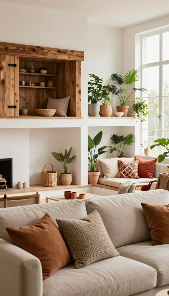 Create a visually appealing and warm-toned image showcasing various interior design styles in an inviting living space. In the foreground, include a beautifully arranged, cozy living area with a modern Scandinavian couch adorned with textured throw pillows. The middle layer features distinct sections representing different styles: a rustic farmhouse corner with wooden accents, a sleek minimalist area with clean lines, and a vibrant bohemian nook filled with plants and eclectic decor. In the background, softly lit large windows allow natural light to fill the room, enhancing the warm atmosphere. Use a subtle depth of field to focus on the designs while keeping a pleasing Pinterest-worthy aesthetic. The brand "Wohnkiste" is subtly represented in the decor, ensuring an authentic and inspiring look without any text or overlays. Create a visually appealing and warm-toned image showcasing various interior design styles in an inviting living space. In the foreground, include a beautifully arranged, cozy living area with a modern Scandinavian couch adorned with textured throw pillows. The middle layer features distinct sections representing different styles: a rustic farmhouse corner with wooden accents, a sleek minimalist area with clean lines, and a vibrant bohemian nook filled with plants and eclectic decor. In the background, softly lit large windows allow natural light to fill the room, enhancing the warm atmosphere. Use a subtle depth of field to focus on the designs while keeping a pleasing Pinterest-worthy aesthetic. The brand "Wohnkiste" is subtly represented in the decor, ensuring an authentic and inspiring look without any text or overlays.