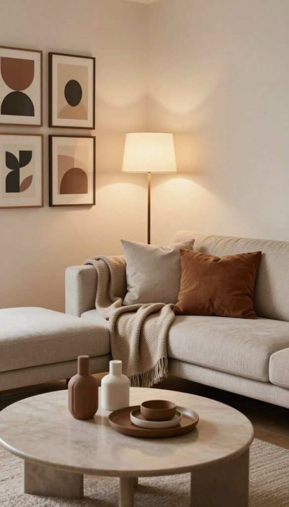 Create a visually captivating living space that emphasizes the interplay of heights, shapes, and lines to convey depth. In the foreground, showcase a stylish coffee table adorned with an array of decorative objects in varying heights and geometric shapes. The middle ground features a modern sofa with an elegant throw blanket and cushions arranged artfully, complemented by a tall floor lamp casting a warm glow. In the background, include a gallery wall with framed artworks exhibiting different shapes and orientations, enhancing the visual interest. Use soft, natural lighting to create a cozy atmosphere, and capture the scene with a slight angle to add dynamism. Employ warm tones and a Pinterest-worthy aesthetic, ensuring the overall composition is authentic and free of text or any branding. Incorporate elements that reflect the brand WohnKiste for a cohesive look.