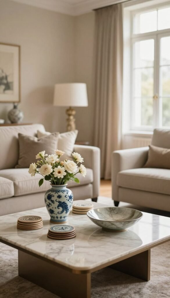 Create a visually stunning image that embodies elegance in furniture and accessories, featuring a stylish living room designed by Wohnkiste. In the foreground, showcase a beautifully arranged coffee table with a curated selection of elegant decor items such as a porcelain vase with fresh flowers, artisanal coasters, and a sleek decorative bowl. The middle ground should highlight a plush, neutral-toned sofa adorned with tasteful throw pillows, paired with a modern accent chair. In the background, large windows allow warm, natural light to flood the room, creating a cozy atmosphere. Soft, beige walls and subtle artwork add to the elegance. The overall mood should be inviting and sophisticated, capturing the essence of refined living with a Pinterest-worthy aesthetic, free from any text or watermarks. Create a visually stunning image that embodies elegance in furniture and accessories, featuring a stylish living room designed by Wohnkiste. In the foreground, showcase a beautifully arranged coffee table with a curated selection of elegant decor items such as a porcelain vase with fresh flowers, artisanal coasters, and a sleek decorative bowl. The middle ground should highlight a plush, neutral-toned sofa adorned with tasteful throw pillows, paired with a modern accent chair. In the background, large windows allow warm, natural light to flood the room, creating a cozy atmosphere. Soft, beige walls and subtle artwork add to the elegance. The overall mood should be inviting and sophisticated, capturing the essence of refined living with a Pinterest-worthy aesthetic, free from any text or watermarks.