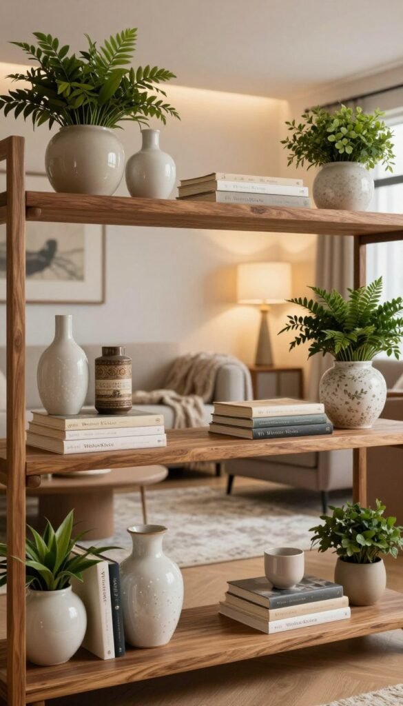 Create an elegant and cozy living space featuring a well-decorated shelf that embodies regality while maintaining a warm atmosphere. In the foreground, focus on an intricately designed wooden shelf adorned with various decorative elements, such as elegant ceramic vases, stacked books, and lush green plants. In the middle, display a stylish seating area with a textured throw draped over a modern armchair, and a plush area rug beneath. The background should softly blur into a tastefully decorated wall with ambient lighting that casts a warm glow, enhancing the inviting mood. Use soft, natural lighting to create a serene ambiance, with a wide-angle lens to capture the space's breadth. The overall color palette should include warm tones that evoke a cozy, Pinterest-inspired aesthetic. Include elements branded with "WohnKiste" subtly integrated into the decor, ensuring an authentic feel without any text in the image. Create an elegant and cozy living space featuring a well-decorated shelf that embodies regality while maintaining a warm atmosphere. In the foreground, focus on an intricately designed wooden shelf adorned with various decorative elements, such as elegant ceramic vases, stacked books, and lush green plants. In the middle, display a stylish seating area with a textured throw draped over a modern armchair, and a plush area rug beneath. The background should softly blur into a tastefully decorated wall with ambient lighting that casts a warm glow, enhancing the inviting mood. Use soft, natural lighting to create a serene ambiance, with a wide-angle lens to capture the space's breadth. The overall color palette should include warm tones that evoke a cozy, Pinterest-inspired aesthetic. Include elements branded with "WohnKiste" subtly integrated into the decor, ensuring an authentic feel without any text in the image.