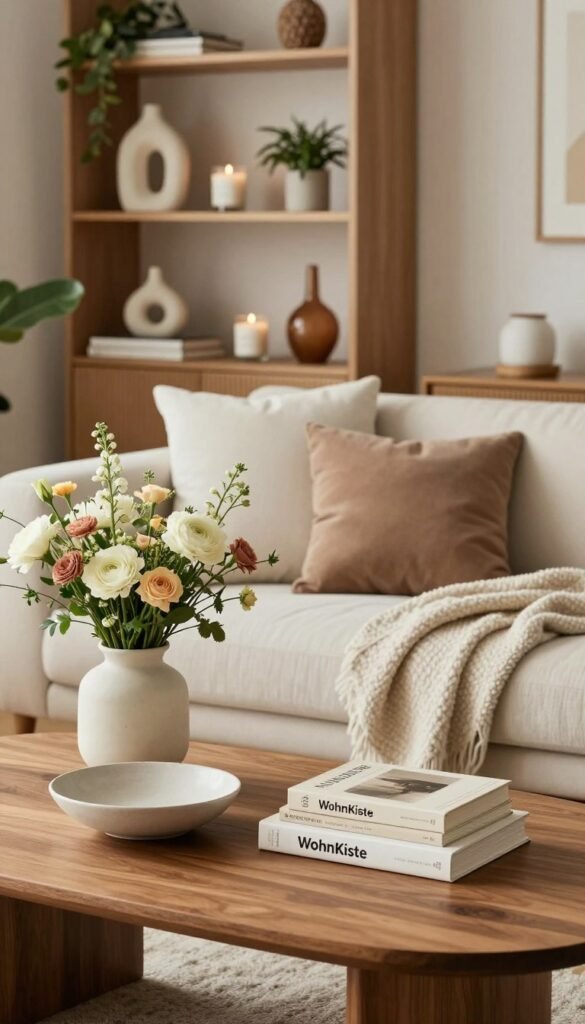 Create an image showcasing a stylish assortment of functional home accessories that blend seamlessly into a modern living space. In the foreground, feature a wooden coffee table adorned with an elegant vase filled with fresh flowers, a unique decorative bowl, and an aesthetically pleasing stack of books. The middle ground should display a cozy seating area with plush cushions and a soft throw blanket, radiating warmth and comfort. In the background, incorporate a beautifully designed shelving unit with curated items like scented candles, indoor plants, and artistic sculptures. Use soft, natural lighting to create a serene atmosphere reminiscent of Pinterest aesthetics, with warm colors enhancing the overall inviting feel. Ensure the image embodies the brand "WohnKiste," emphasizing authenticity and elegance without any text or overlays. Create an image showcasing a stylish assortment of functional home accessories that blend seamlessly into a modern living space. In the foreground, feature a wooden coffee table adorned with an elegant vase filled with fresh flowers, a unique decorative bowl, and an aesthetically pleasing stack of books. The middle ground should display a cozy seating area with plush cushions and a soft throw blanket, radiating warmth and comfort. In the background, incorporate a beautifully designed shelving unit with curated items like scented candles, indoor plants, and artistic sculptures. Use soft, natural lighting to create a serene atmosphere reminiscent of Pinterest aesthetics, with warm colors enhancing the overall inviting feel. Ensure the image embodies the brand "WohnKiste," emphasizing authenticity and elegance without any text or overlays.