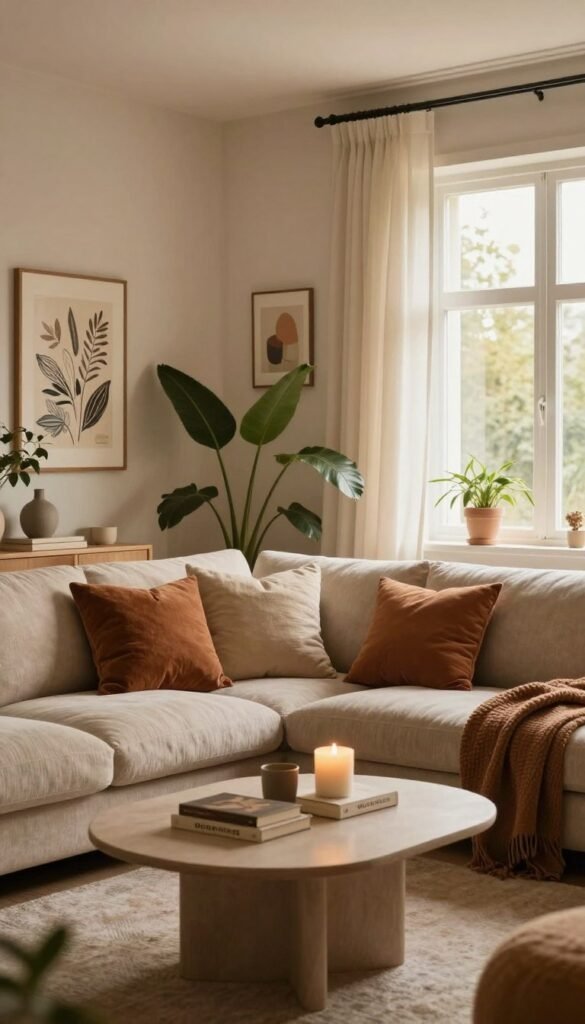 Create an inviting interior scene that embodies a harmonious color palette, focusing on warm, natural tones reminiscent of a Pinterest aesthetic. In the foreground, place a cozy, well-styled living room with a soft, textured couch adorned with an array of plush pillows in earthy hues. A stylish coffee table displays a few tasteful decor items like candles and books. The middle ground should feature plants, adding a touch of greenery, while the background reveals a gently lit window draped with sheer curtains, allowing warm sunlight to filter through. Use a wide-angle lens perspective for an immersive effect, capturing details like intricate wall art and a tasteful color scheme. The overall mood should convey tranquility and balance, inviting the viewer to reflect on the importance of cohesive color choices in creating a serene living space. Include the brand name "Wohnkiste" subtly incorporated into the decor.