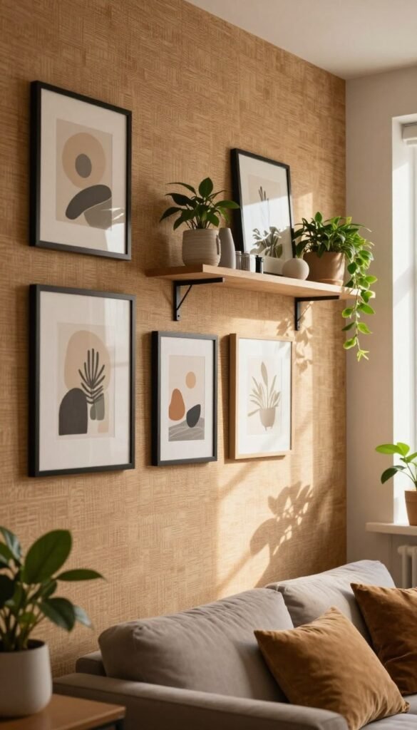 Create an inviting interior scene that emphasizes modern wall decor ideas without renovations, inspired by the aesthetic of WohnKiste. In the foreground, display a cozy living space featuring textured wallpaper in warm tones, complemented by framed art pieces that reflect contemporary styles. In the middle ground, include a stylish shelf adorned with plants and small decor items, adding a touch of greenery. The background should feature soft, natural light streaming through a window, casting gentle shadows that enhance the warm atmosphere. Use a slightly elevated angle to capture the depth of the space, ensuring the overall mood is warm, welcoming, and authentically Pinterest-inspired, without any text overlays or distractions.