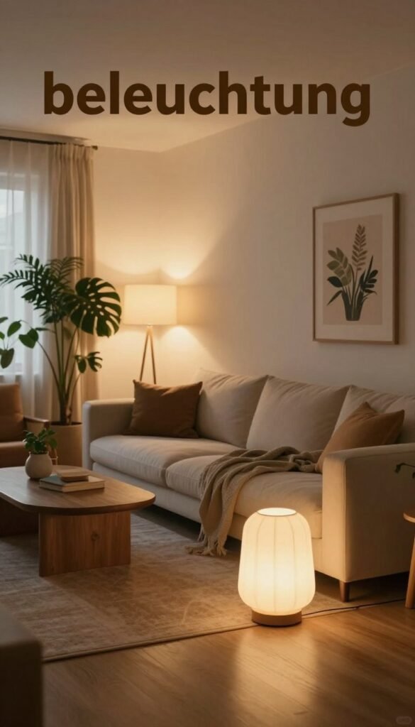 Create an inviting interior space illustrating effective "beleuchtung" techniques. In the foreground, feature a beautifully arranged living room with soft, warm lighting emanating from stylish floor and table lamps, creating a cozy atmosphere. In the middle, showcase a modern seating area with plush sofas adorned with tasteful cushions, positioned to enhance comfort. The background should include a softly lit wall with subtle artwork and plants that add life to the space. Use a wide-angle lens for depth, accentuating the play of light and shadow, with a balance of natural and artificial light sources. Aim for a Pinterest-inspired aesthetic, harmonizing natural elements with chic decor that embodies the essence of "WohnKiste". The overall mood should feel serene, inviting, and warm, perfect for illustrating the concept of indirect lighting as a room booster.