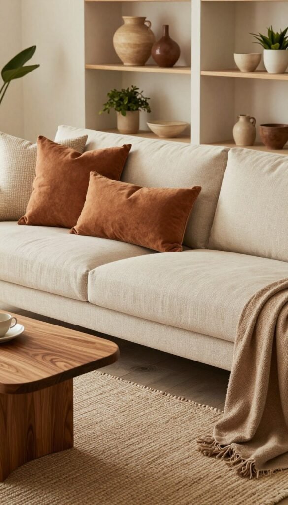 Create an inviting interior space showcasing furniture materials in a modern living room setting for WohnKiste. In the foreground, feature a stylish couch upholstered in soft beige fabric, complemented by a rich wooden coffee table with intricate grain details. The middle ground should include a collection of decorative pillows in warm earthy tones and a cozy woven rug. In the background, incorporate open shelving displaying a curated selection of decorative items made from natural materials, such as pottery and plants. Use soft, diffused lighting to create a warm and welcoming atmosphere, capturing a Pinterest-inspired aesthetic. The angle should be slightly elevated, offering a clear view of the composition while ensuring no text or branding is present in the image.