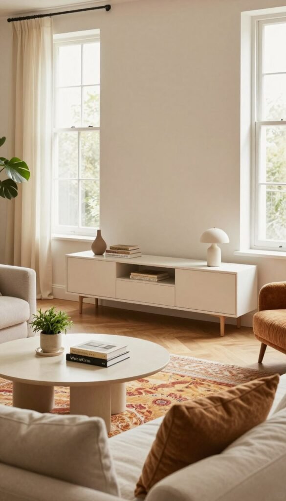 Create an inviting living room scene that maximizes a small space, highlighting clever design solutions. In the foreground, place a cozy sofa with soft, textured cushions and a stylish coffee table topped with a few decorative books and a small plant. The middle layer features a compact entertainment unit with minimalist decor, and a vibrant rug that adds warmth. In the background, include light, airy windows allowing natural light to fill the room, accented with sheer curtains. Use a warm color palette to create a cozy atmosphere reminiscent of Pinterest decor, ensuring the overall feel is authentic and homely. The scene should be devoid of any text or watermarks, focusing purely on the elegant arrangement of furniture from the brand "WohnKiste."